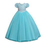 Penkiiy Children Dress Girl Puff Sleeve Princess Dress Long Sequin Dress Canonicals Dresses for Toddler Girls 5-6 Years Blue On Clearance